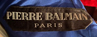 Pierre BALMAIN Long princess dress in blue gazard, sleeveless, round neckline, and...