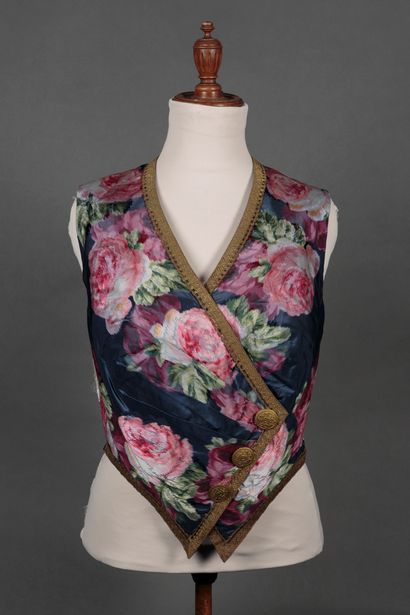 Jacques DOUCET Vest for woman in silk printed on chain of large flowers on a blue...