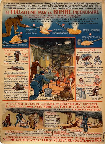 null WW II.

LECLERC R.M. Le feu allumé par la Bombe incendiaire. 1939. Affiche lithographique....