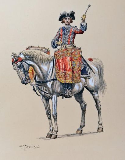 null « Timbalier du régiment de la reine cavalerie ». Aquarelle signée. 62 x 46 cm....