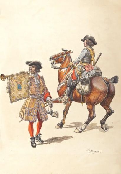 null « Toulouse cavalerie vers 1700. Un cavalier et un trompette à pied ». Aquarelle...
