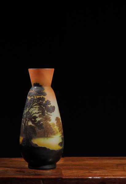 ÉTABLISSEMENTS GALLÉ Vase en verre doublé à décor dégagé à l'acide d'un paysage lacustre...