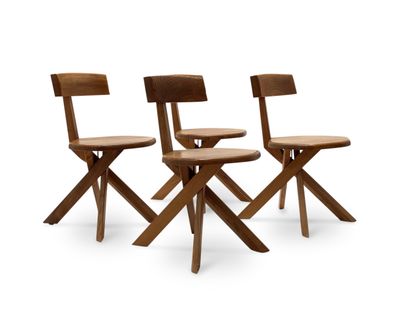 Pierre CHAPO (1927-1987) Suite de quatre chaises en orme massif modèle « S34 » reposant...