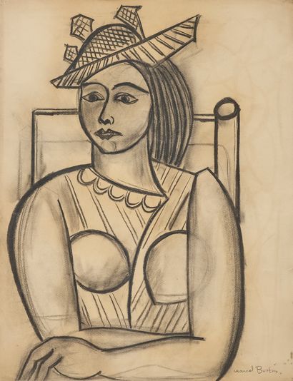 Marcel BURTIN (1902-1979) Femme au chapeau assise
Fusain sur papier (petite déchirure)
Signé...