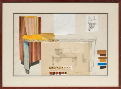 Ecole XXème Bureau Diderot, étude d'un meuble Aquarelle, mine de plomb et collage...