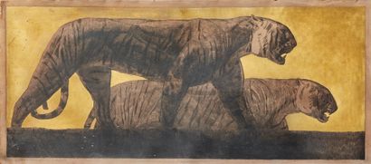 Paul JOUVE (1878-1973) Deux tigres marchant, 1928 Eau-forte sur cuir à fond mosaïque...