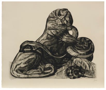 Paul JOUVE (1878-1973) Combat de lion et de python, 1930 Eau-forte originale sur...