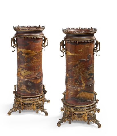Ferdinand BARBEDIENNE et Edouard LIEVRE, attribué à A pair of tall cylindrical bamboo...