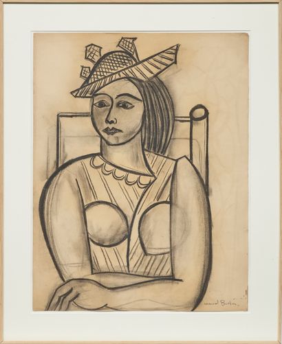 Marcel BURTIN (1902-1979) Femme au chapeau assise
Fusain sur papier (petite déchirure)
Signé...