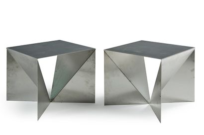 ETIENNE-HENRI MARTIN (1905-1997) Pair of stools in chromed metal, brown suede upholstery...