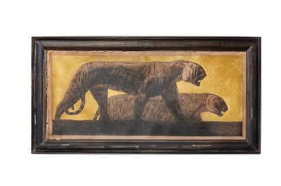 Paul JOUVE (1878-1973) Deux tigres marchant, 1928 Eau-forte sur cuir à fond mosaïque...