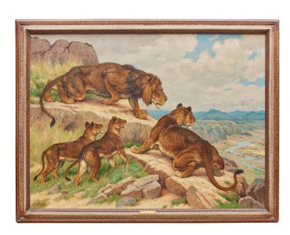 Georges Frédéric ROTIG (1873-1961) Lions à l'affut Huile sur toile Signée en bas...