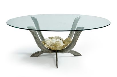 JACQUES DUVAL-BRASSEUR (1934-2021) 
Table de salle à manger, plateau ovale en verre...