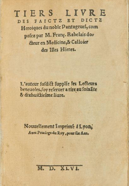 RABELAIS François : Tiers livre des faictz et dictz héroïques du noble Pantagruel.
Reliure...