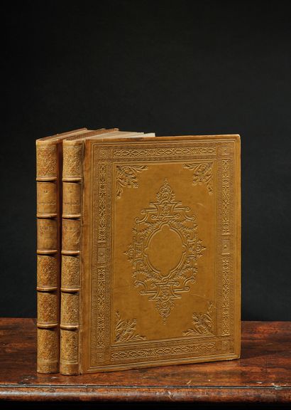  Bible en francoys. Deux volumes in-folio plein maroquin caramel, plats à décor floral...