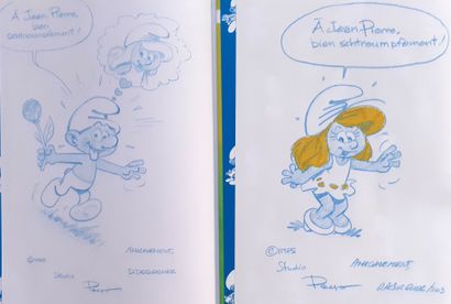 PEYO (Studio) * Set of 2 dedications: The Smurfs 3 and 10 decorated with drawings...