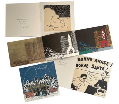 Hergé/Moulinsart Set of 4 greeting cards: 1998, 2002, 2003, 2014. Close to new c...
