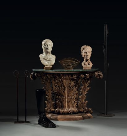 null Gilded and carved wood console decorated with large acanthus leaves. Green marble...