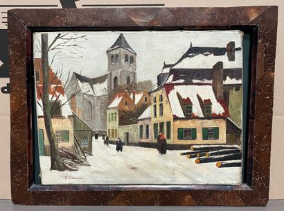 École Italienne XXe siècle Village under the snow
Oil on canvas, signed lower left
30...