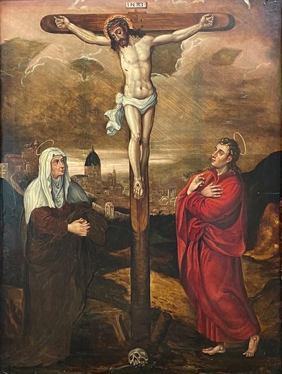 Ecole FLAMANDE, début XVIIe siècle Christ on the Cross with the Virgin and Saint...