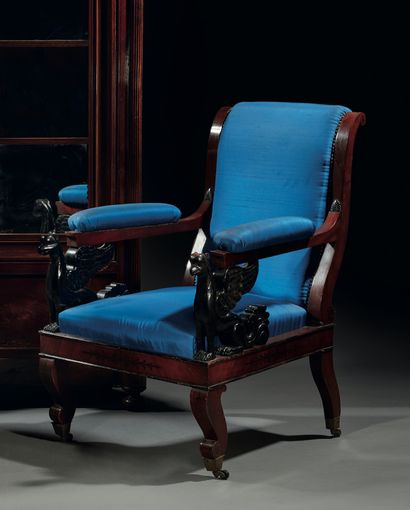 null Mahogany and mahogany veneer armchair with reversed back, armrests decorated...