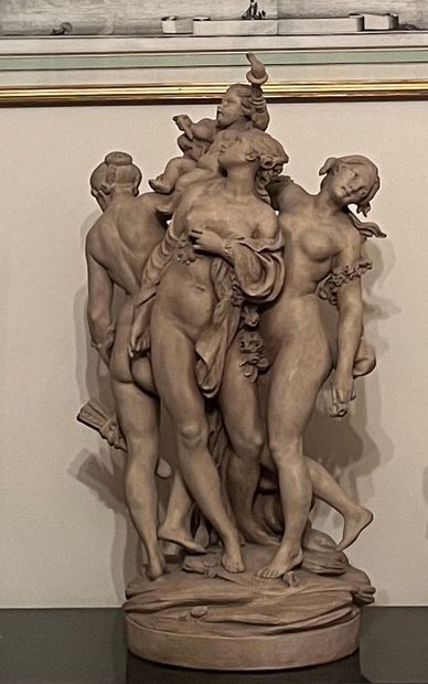 François BOUCHER d'après The three graces carrying Love
Group in patinated plaster,...