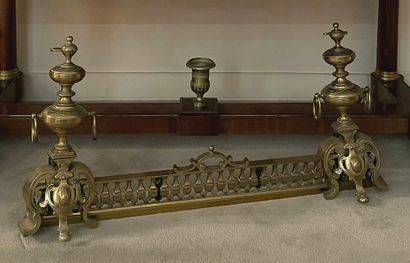 Brass and cast iron mantelpiece and andirons...