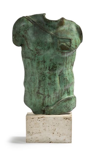 Igor MITORAJ (1944-2014) Perseus
Green patina bronze print, travertine base, signed...
