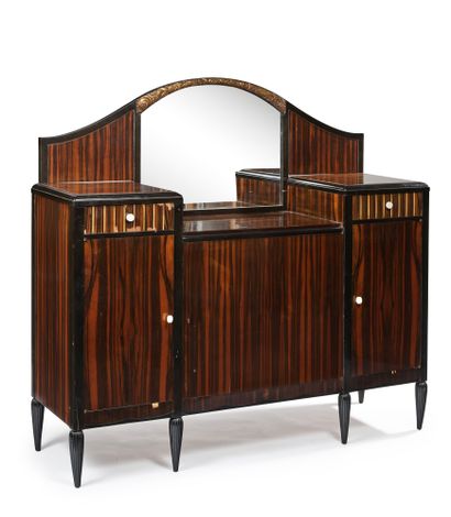 TRAVAIL FRANÇAIS 1930 Makassar ebony veneer storage cabinet opening with three doors,...