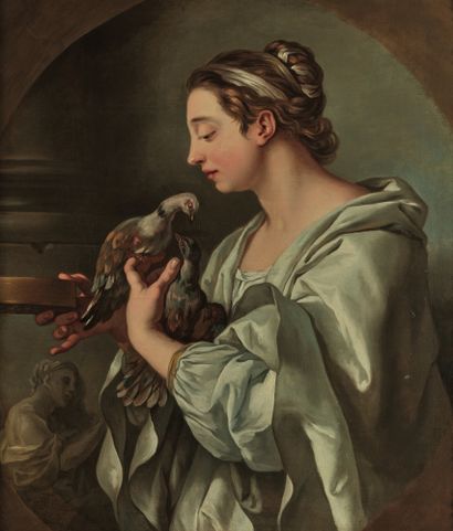 Ecole FRANÇAISE, dans le goût XVIIIe siècle Woman with a dove
Oil on canvas formerly...