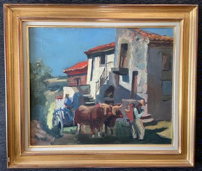 Jean Aujame (1905-1965) Peasants in a village
Oil on canvas, signed lower right 36.5...