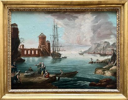 Dans le goût de la fin du XVIIe siècle Harbour scene
Canvas
53 x 71,5 cm (restorations,...