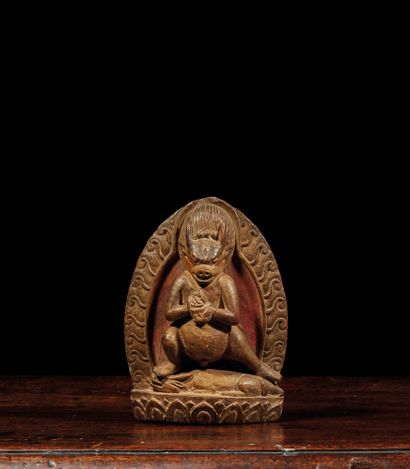 TIBET - XVIIe/XVIIIe siècle Statuette de Yama Dharmaraja en bois sculpté partiellement...