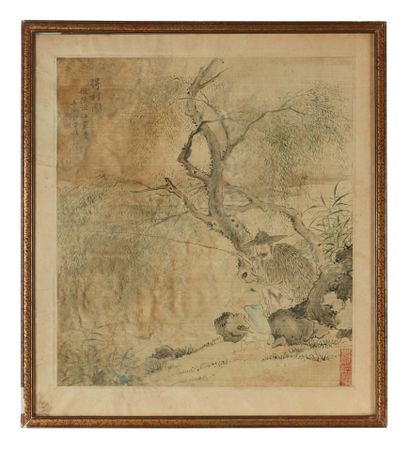 CHINE - XIXe siècle Ensemble de deux peintures, encre et couleurs sur soie, représentant...