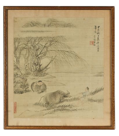 CHINE - XIXe siècle Ensemble de deux peintures, encre et couleurs sur soie, représentant...
