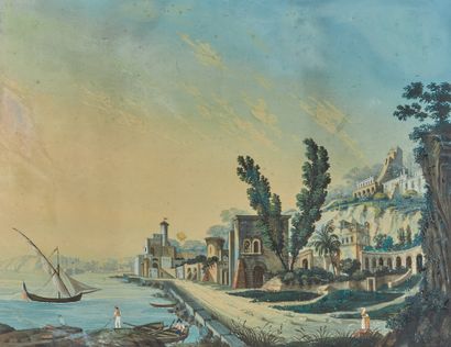 École ITALIENNE, fin XVIIIe - début XIXe siècle Scène de bord de mer
Gouache sur...