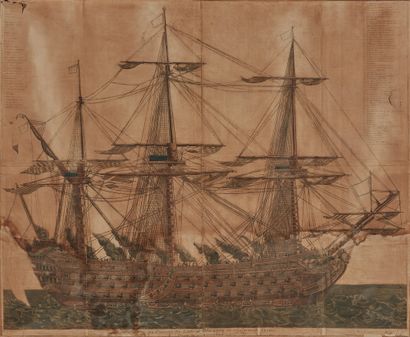 null [版画]
彩色雕刻的四十八门炮的 "勃艮第国家 "号船的模型
19世纪
103 x 126 cm
(斑纹和污点)