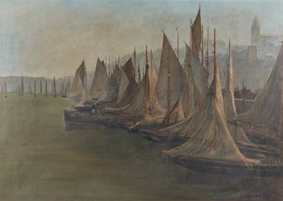 Arthur CLOQUIE, actif au XXe siècle Voiliers au port
Huile sur toile, signée en bas...