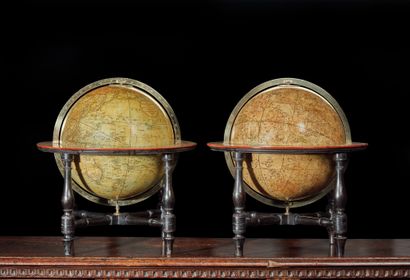 John CARY (1755-1835) Pair of terrestrial and celestial globe. Equatorial table mounted...