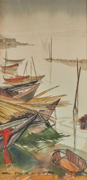 Gaston BARRET (1910-1991) Bateaux
Aquarelle, signée en bas à gauche
51 x 25 cm (a...