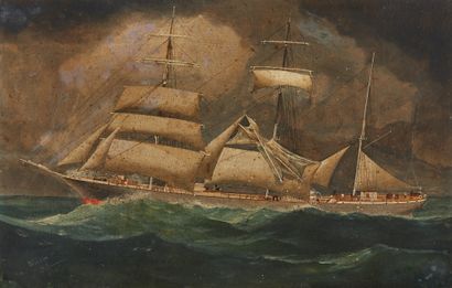 WILTON Three Masted Barque in Difficulty in Heavy Weather
Oil on cardboard
England,...