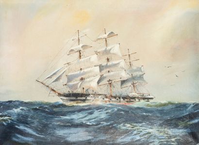 Ecole ANGLAISE, du XXe siècle Three-masted boat on a rough sea
Oil on canvas, signed...