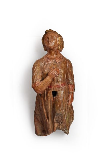 null 形象代言人
盯着地平线的女性形象，一只手放在胸前的木雕和彩绘中
法国，18世纪末
H.80厘米
(当时的旧址修复)