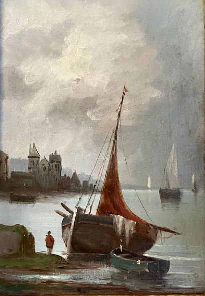 Ecole FRANÇAISE, début XXe siècle Fishing boats at anchor
Oil on panel
22 x 15 c...