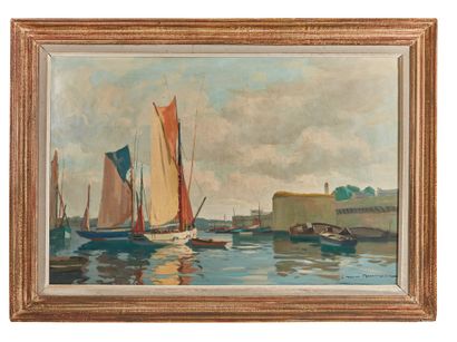 Maurice MENARDEAU (1897-1977), peintre de la marine Bateaux au port à Concarneau
Huile...