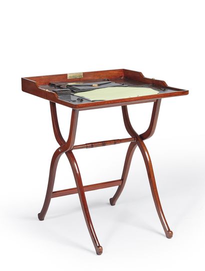 null Varnished mahogany folding desk with black leather interior and storage space
France,...