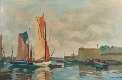 Maurice MENARDEAU (1897-1977), peintre de la marine Boats in the port at Concarneau
Oil...