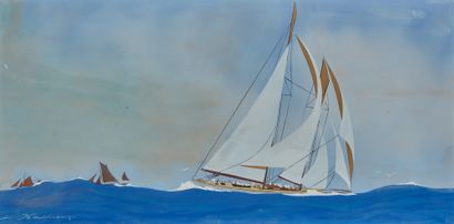 Léon HAFFNER (1881-1972) Grand yacht toutes voiles dehors
Gouache au pochoir, signée...