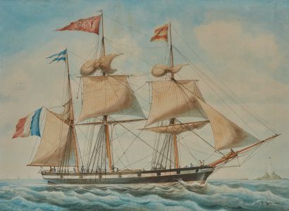 Louis GAMAIN (1803-1871) Trois mats barque sous voilure réduite en vue d'un phare
Aquarelle...