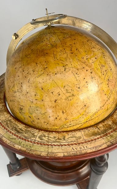Jean-Baptiste FORTIN (1750-1831) & MESSIER (1730-1817) 天球，赤道桌靠在四个栏杆脚上，由一个加莱特连接，以支撑球体。
有刻度的黄铜子午线圈。
2张纸条显示:
-...